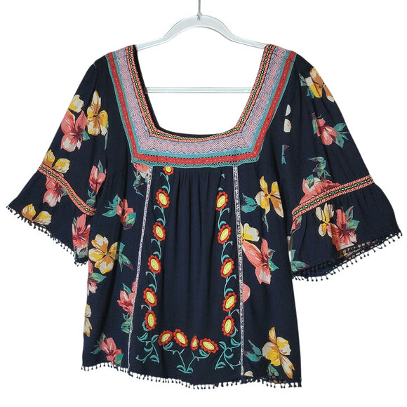 Anthropologie Dakota Embroidered Floral Square Neck Top Bell Sleeve Blue Boho M - Picture 16 of 16